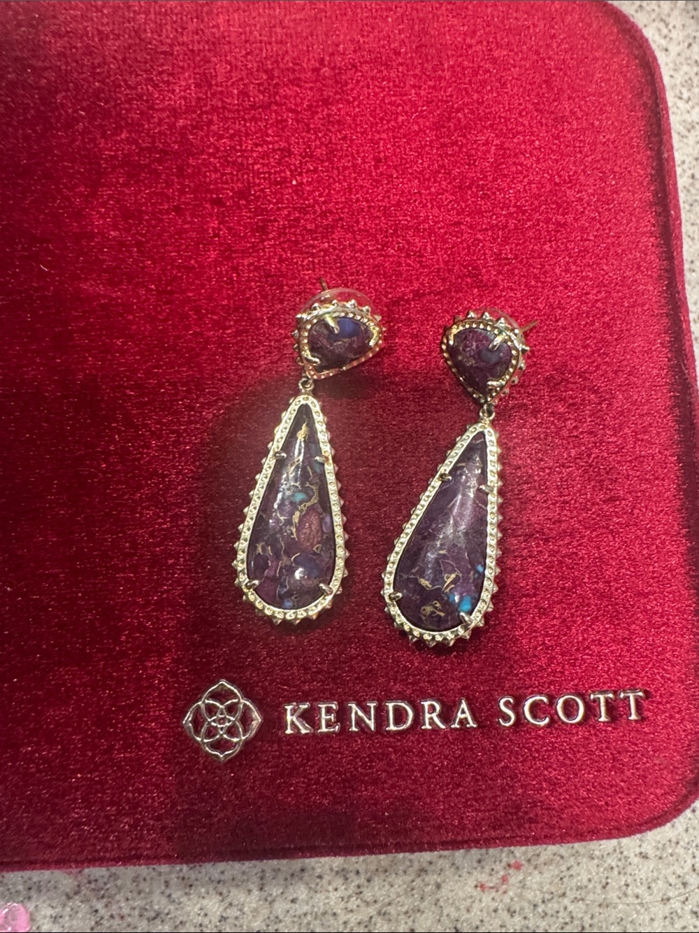 Kendra Scott Purple Teardrop Double Drop Earrings with Gold Trim - Picture 2 of 3